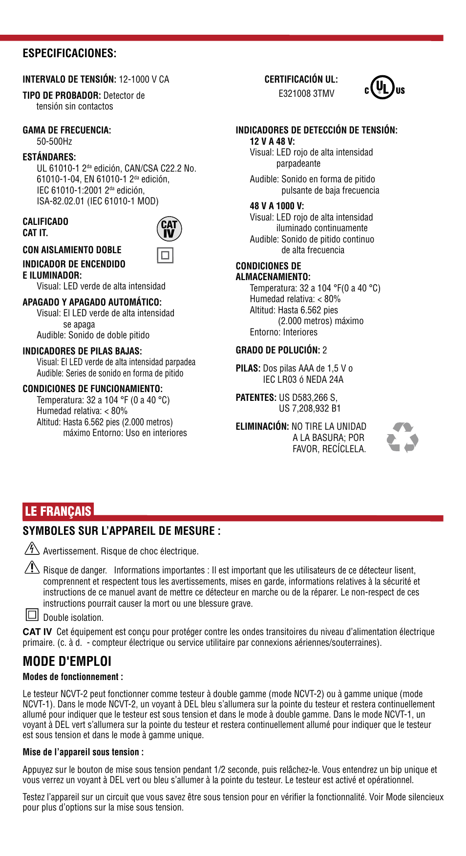 Mode d'emploi, Le français | Klein Tools NCVT-2 User Manual | Page 7 / 10