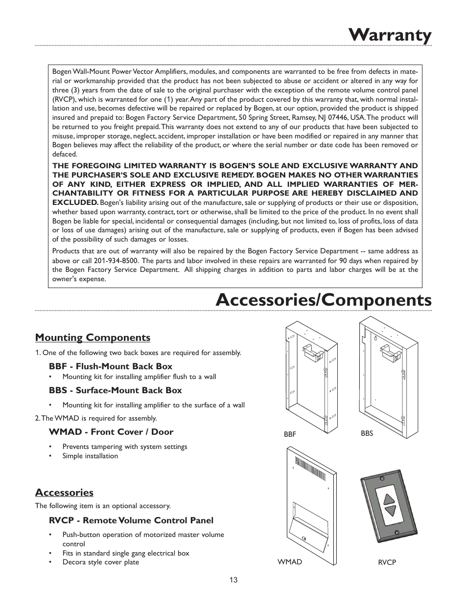 Warranty, Accessories/components, Mounting components accessories | Bogen WV100 User Manual | Page 15 / 16