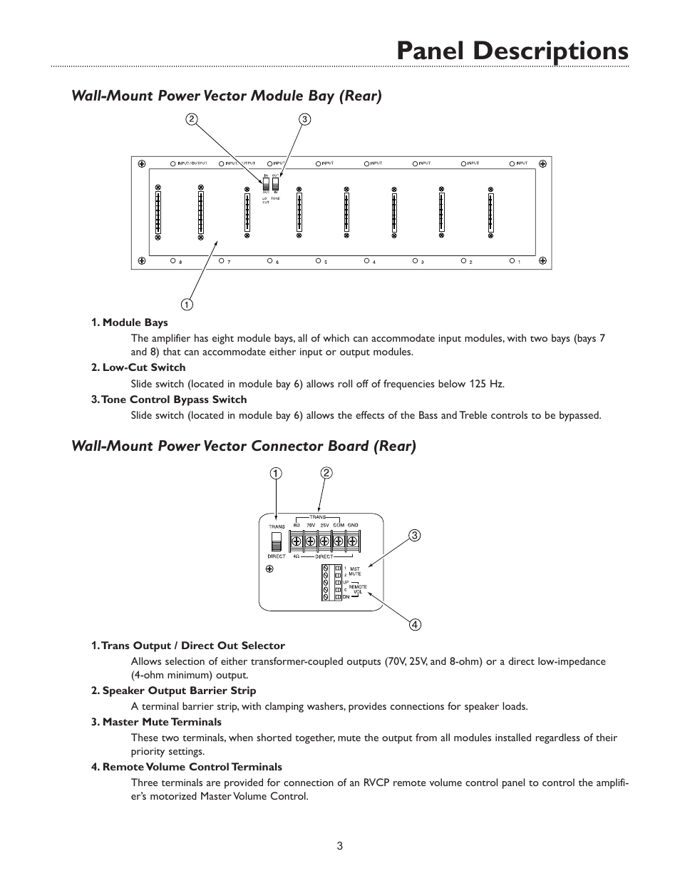 Panel descriptions, Wall-mount power vector module bay (rear), Wall-mount power vector connector board (rear) | Bogen WV100 User Manual | Page 5 / 16