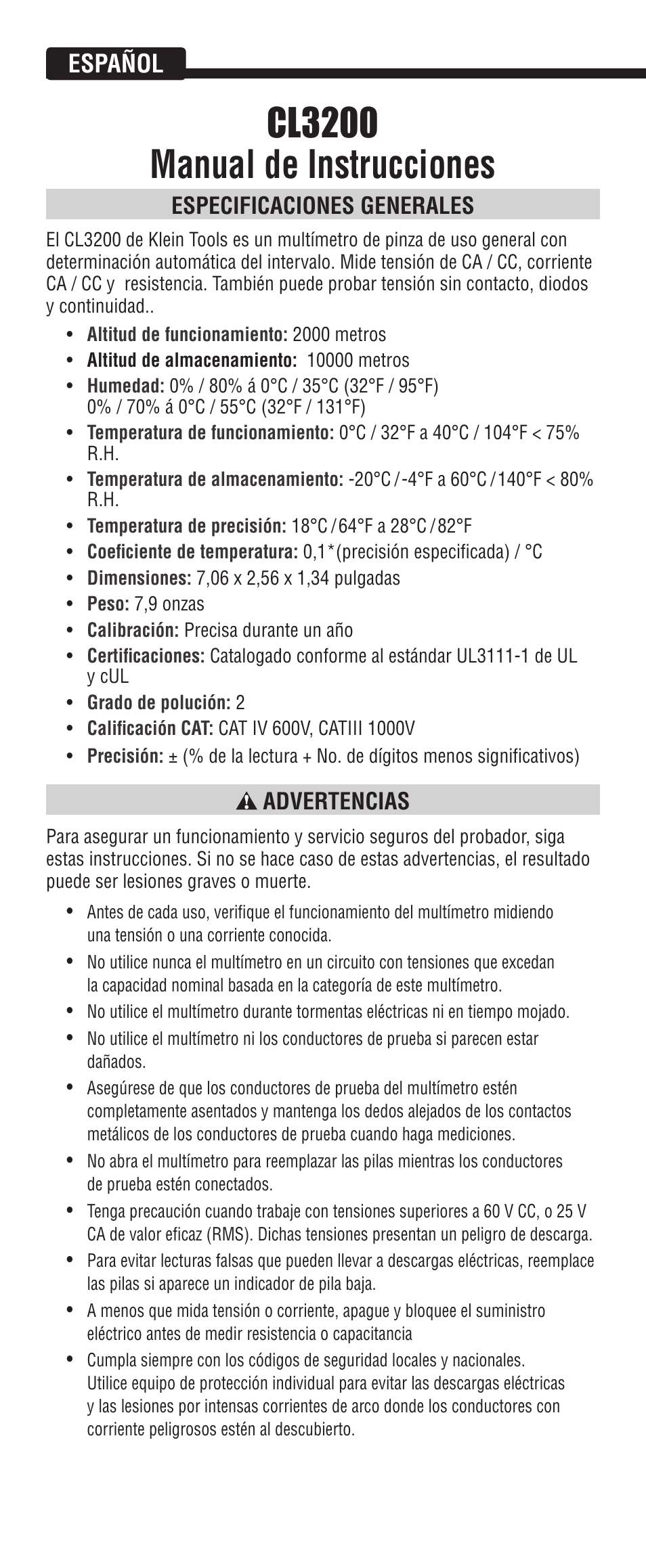 Cl3200 manual de instrucciones, Español, Especificaciones generales | Advertencias | Klein Tools CL3200 User Manual | Page 10 / 24