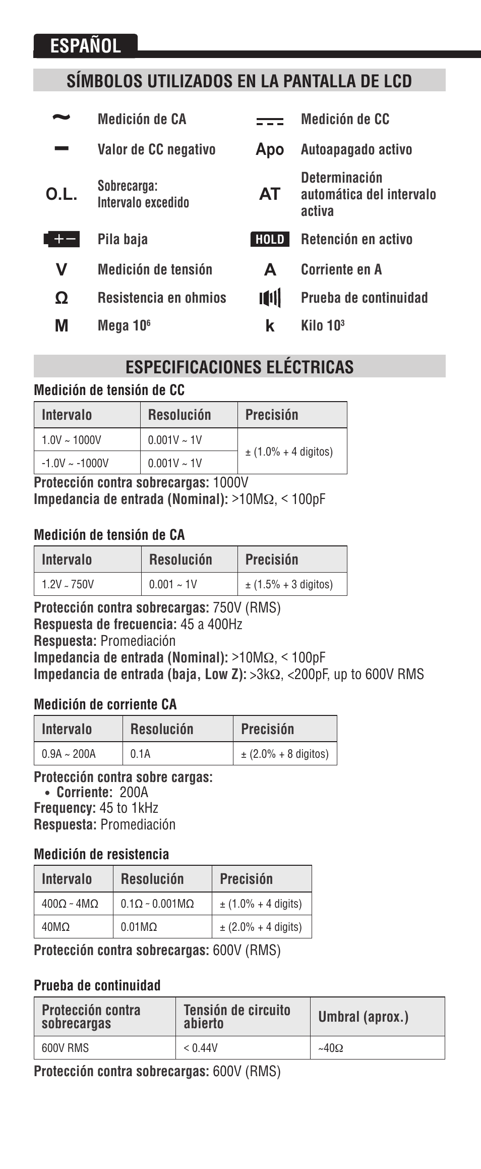 Español, Especificaciones eléctricas, Símbolos utilizados en la pantalla de lcd | Klein Tools CL3200 User Manual | Page 14 / 24