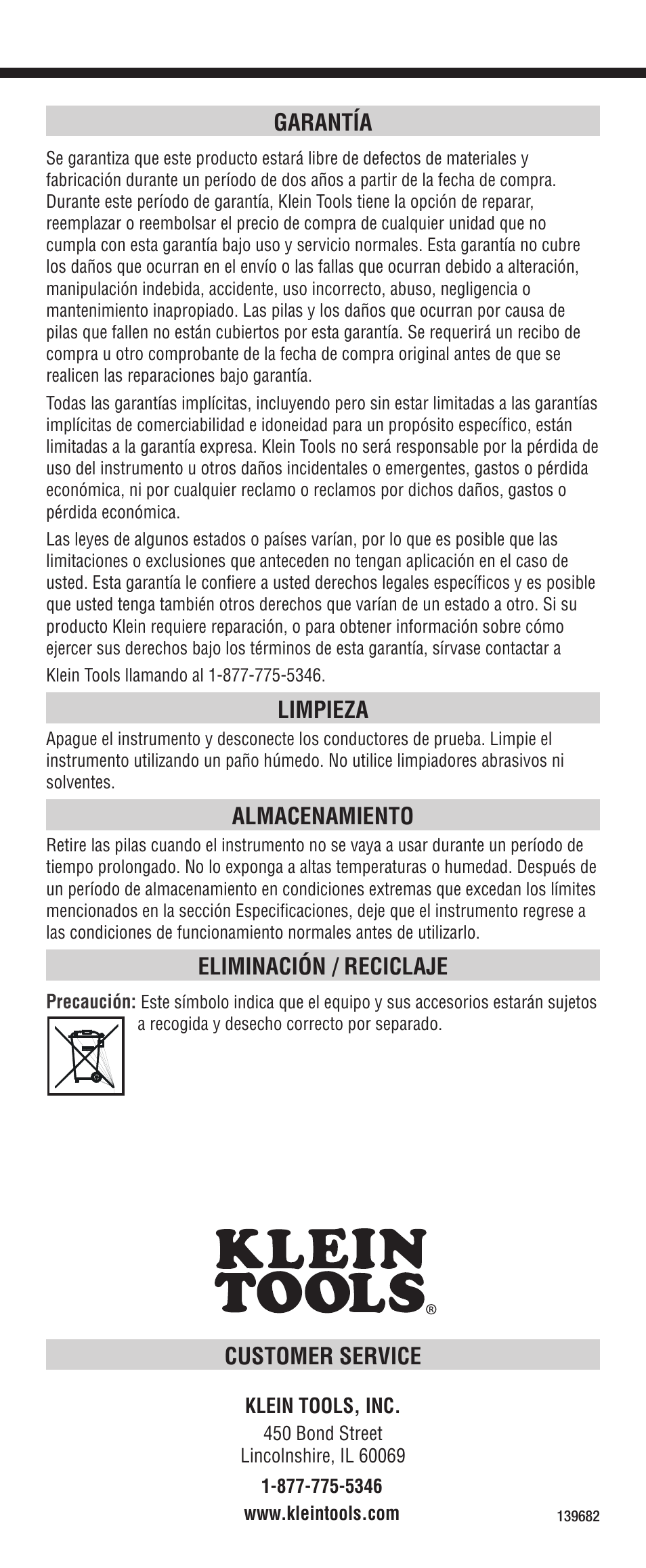 Customer service, Garantía, Limpieza | Almacenamiento, Eliminación / reciclaje | Klein Tools CL3200 User Manual | Page 16 / 24