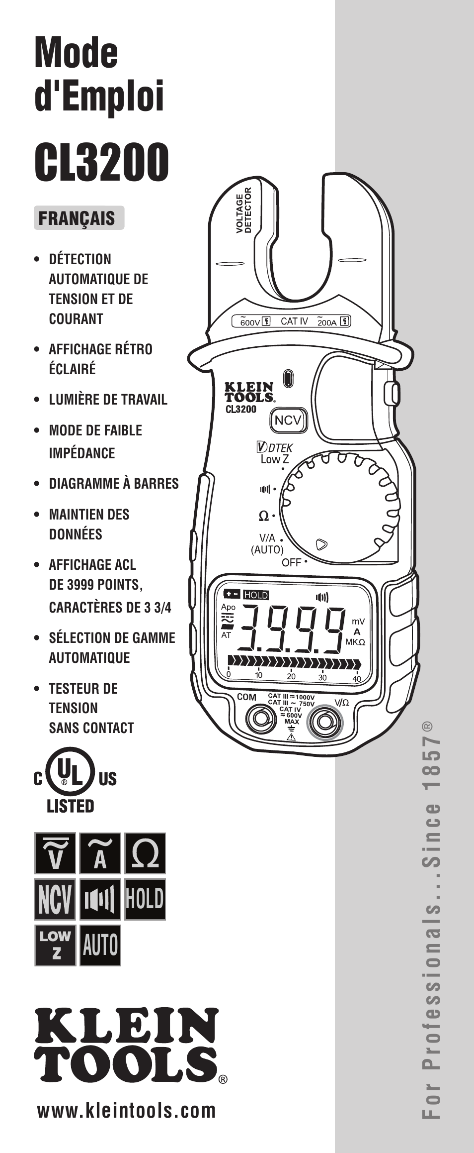 Cl3200-fren-instru-online, Cl3200, Mode d'emploi | Auto, Hold, For professionals...since 1857 | Klein Tools CL3200 User Manual | Page 17 / 24