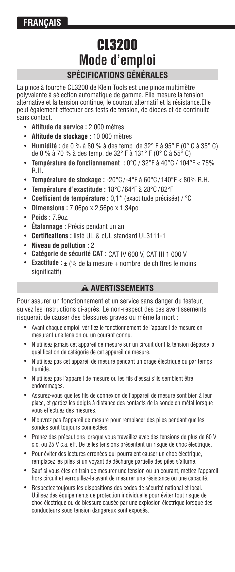 Cl3200 mode d’emploi, Français, Spécifications générales | Avertissements | Klein Tools CL3200 User Manual | Page 18 / 24