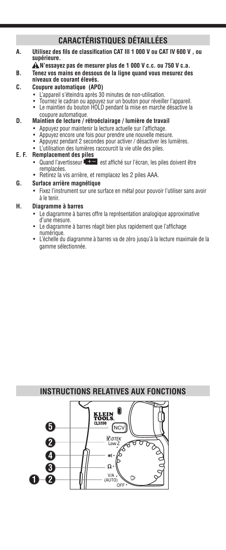 Caractéristiques détaillées, Instructions relatives aux fonctions | Klein Tools CL3200 User Manual | Page 20 / 24