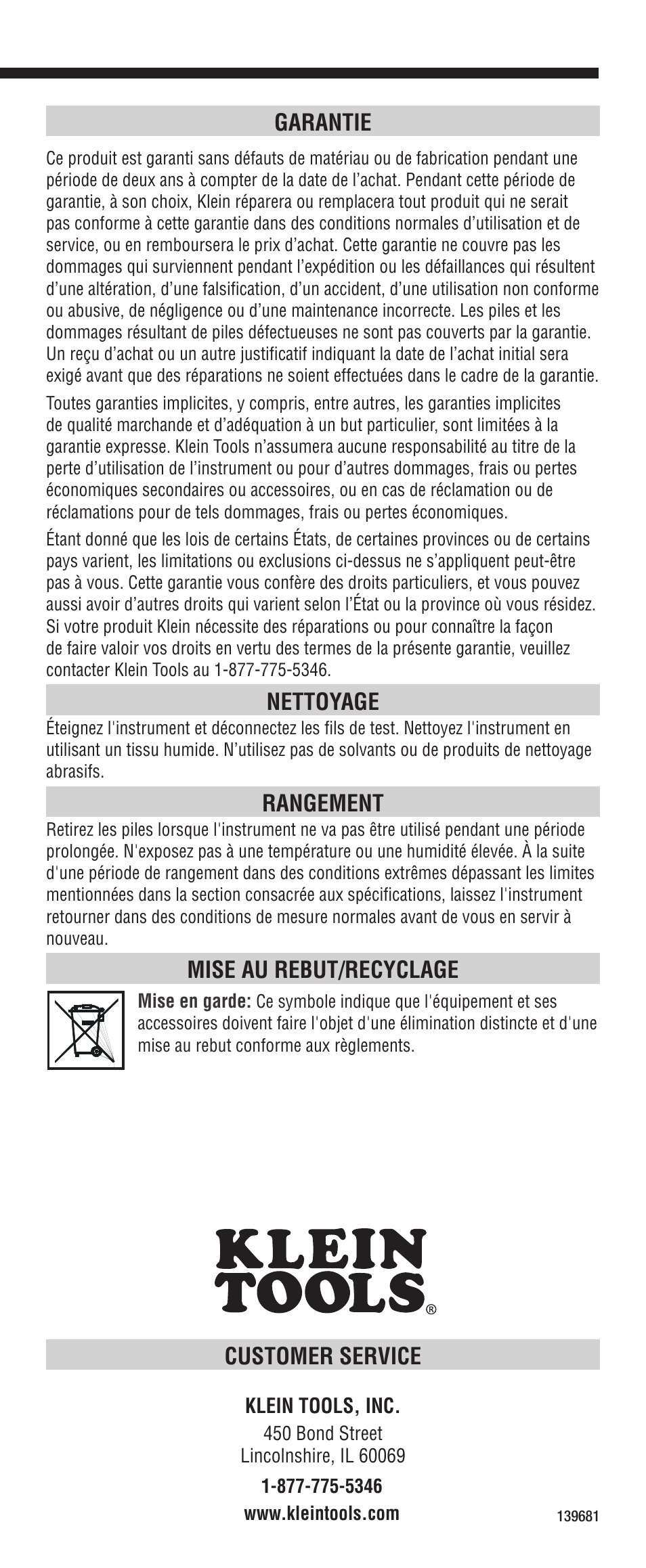 Customer service, Garantie, Nettoyage | Rangement, Mise au rebut/recyclage | Klein Tools CL3200 User Manual | Page 24 / 24