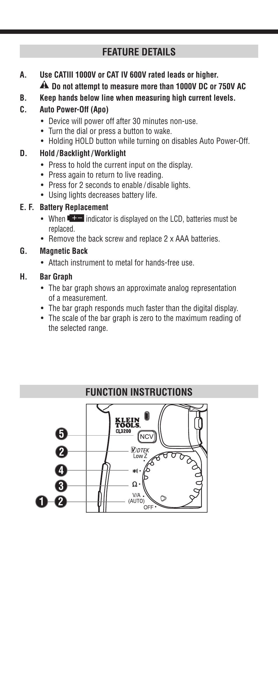 Function instructions feature details | Klein Tools CL3200 User Manual | Page 4 / 24