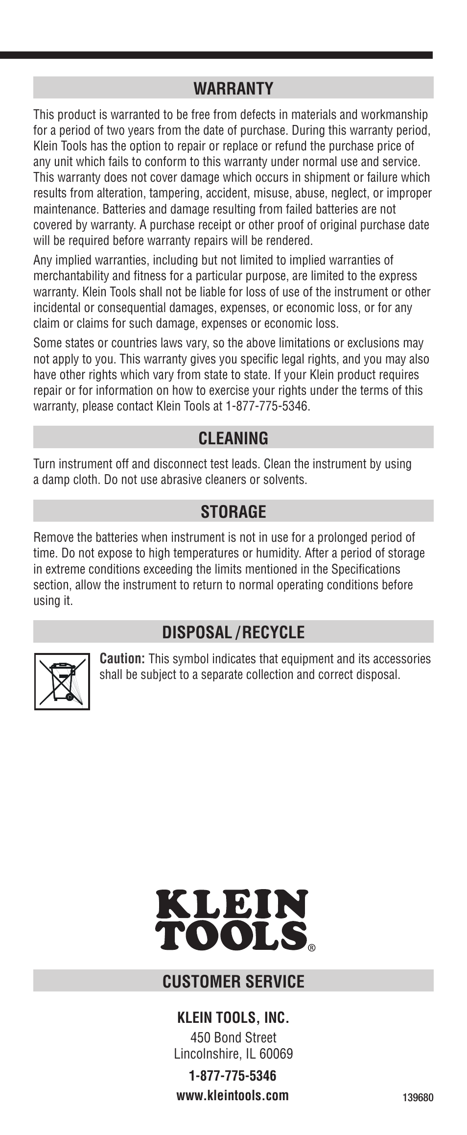 Customer service, Warranty, Cleaning | Storage, Disposal / recycle | Klein Tools CL3200 User Manual | Page 8 / 24