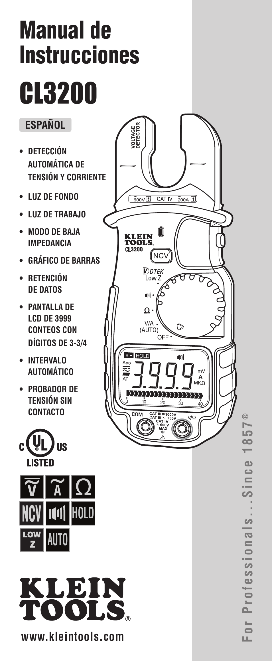 Cl3200-span-instru-online, Cl3200, Manual de instrucciones | Auto, Hold, For professionals...since 1857 | Klein Tools CL3200 User Manual | Page 9 / 24