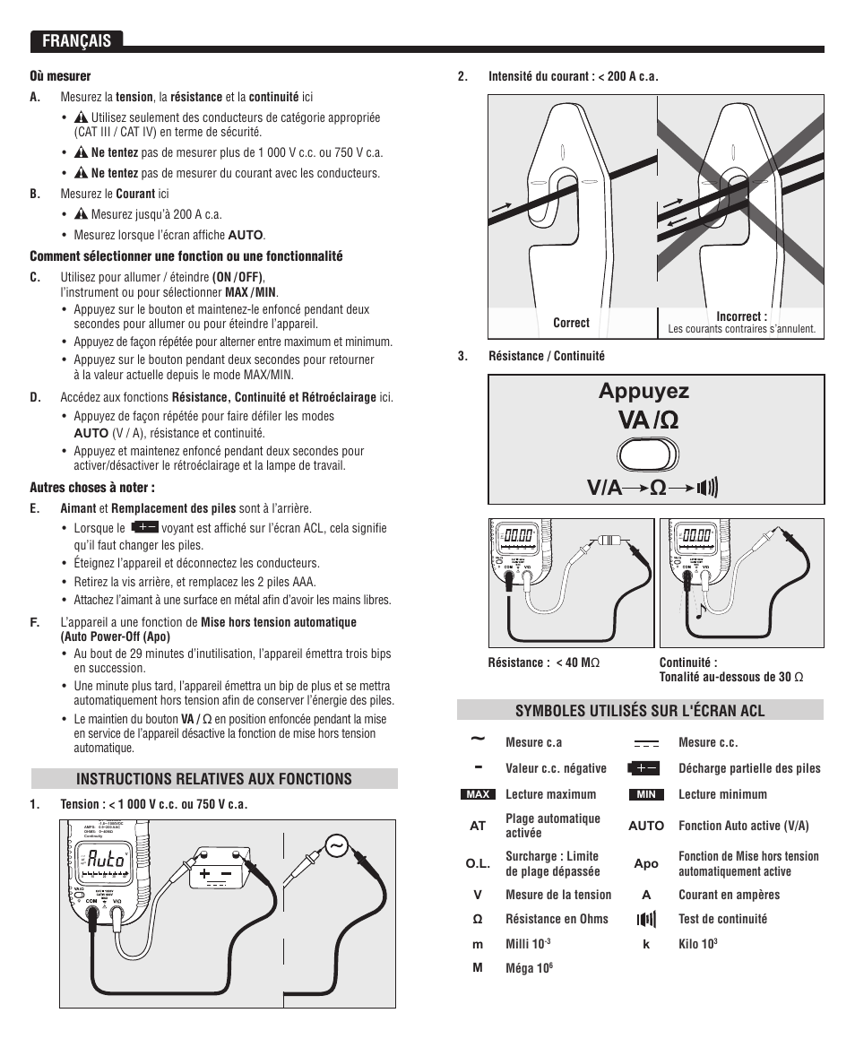 Appuyez, Ωv/a, Français | Symboles utilisés sur l'écran acl, Instructions relatives aux fonctions, Où mesurer | Klein Tools CL3100 User Manual | Page 10 / 11