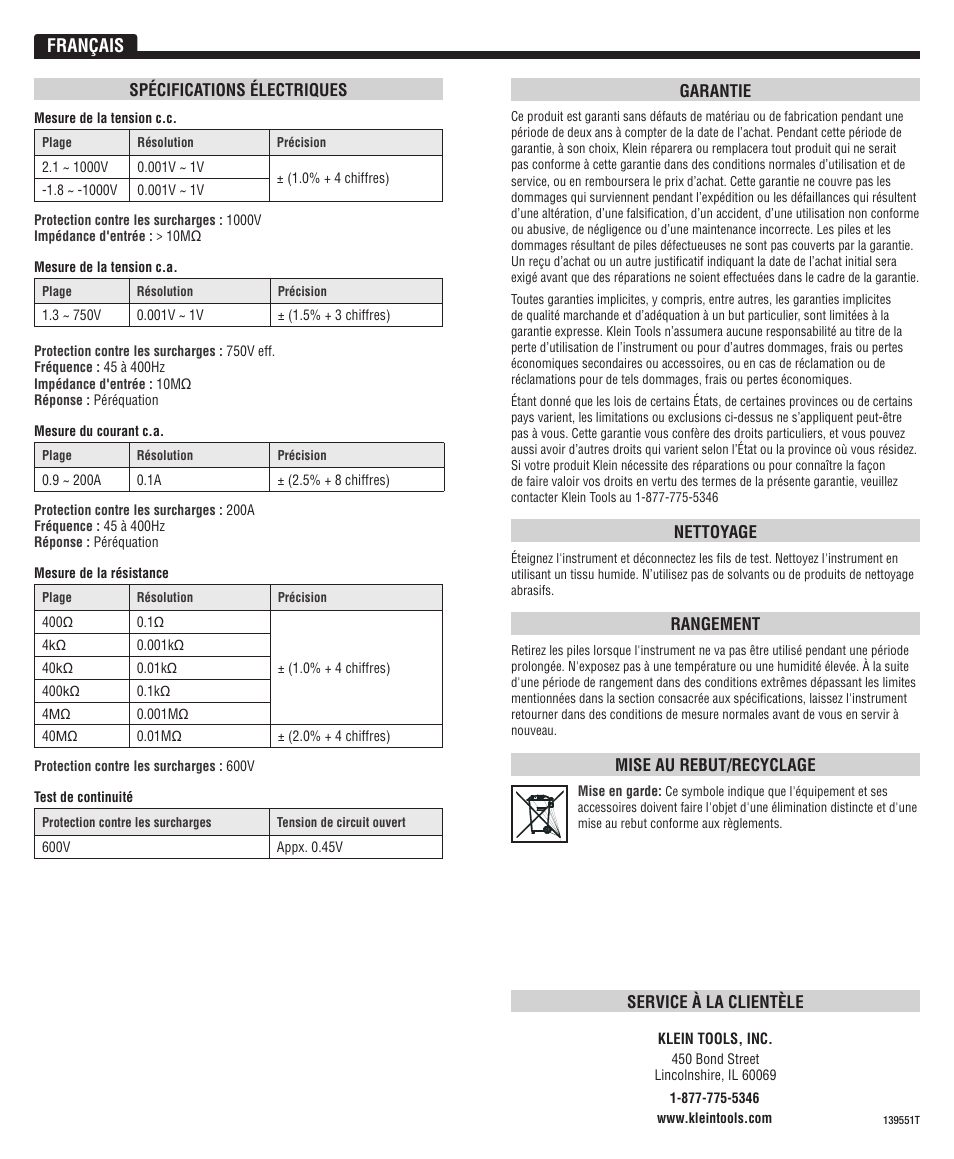 Français | Klein Tools CL3100 User Manual | Page 11 / 11