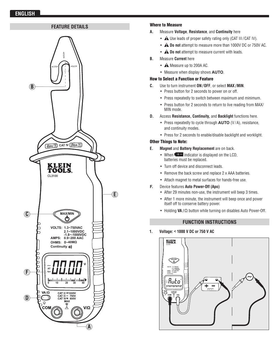 English, Function instructions feature details, Where to measure | How to select a function or feature | Klein Tools CL3100 User Manual | Page 2 / 11