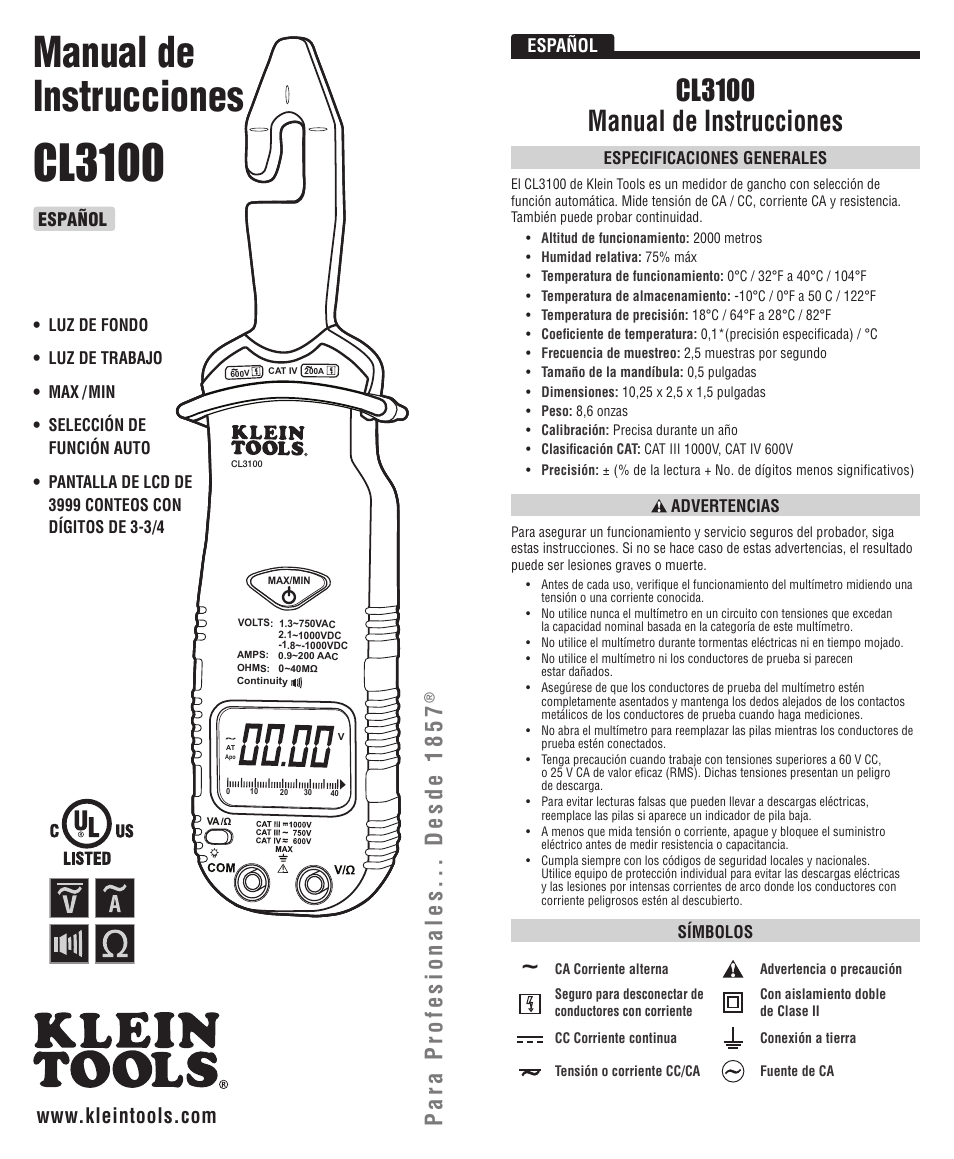 Cl3100, Manual de instrucciones, Cl3100 manual de instrucciones | Para profesionales... desde 1857, Español | Klein Tools CL3100 User Manual | Page 5 / 11