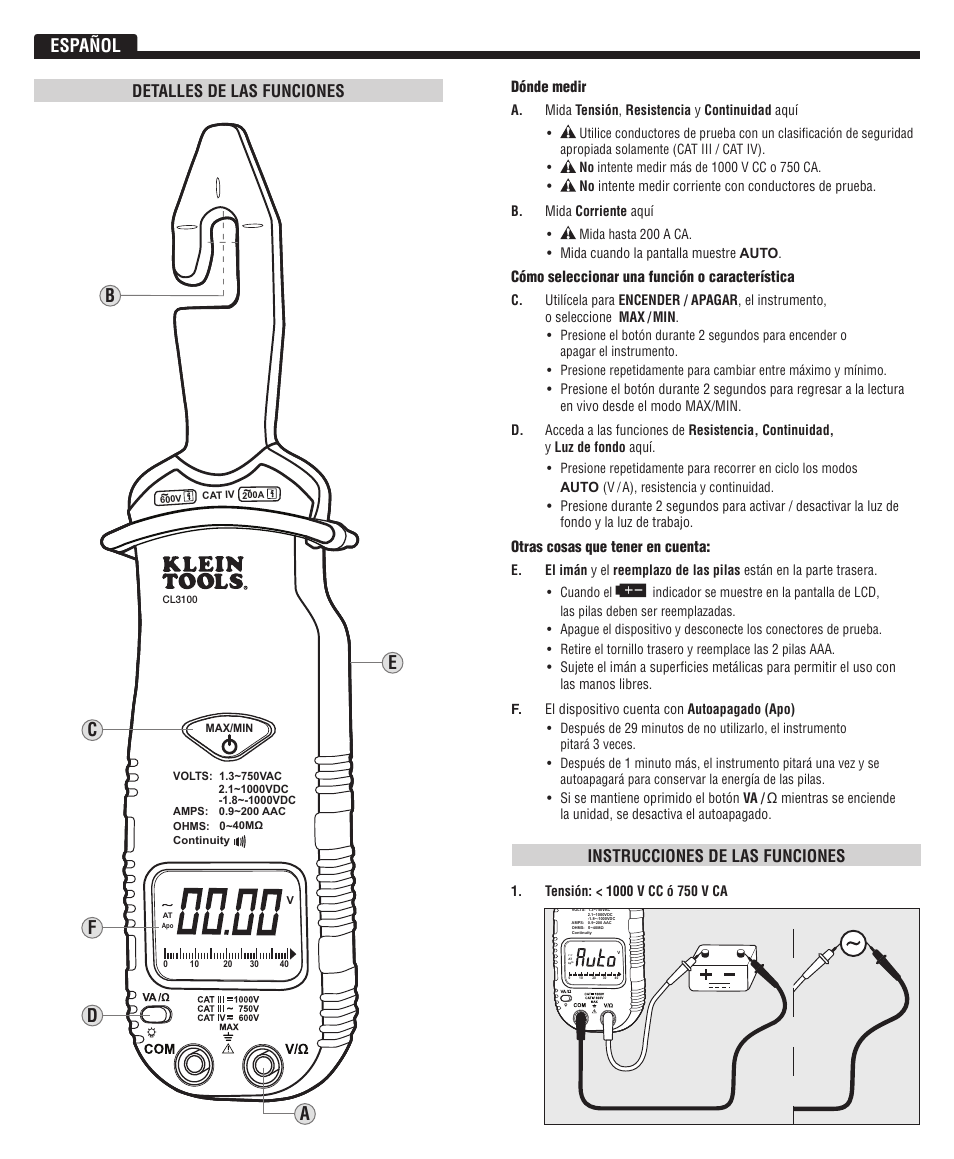 Español, Instrucciones de las funciones, Detalles de las funciones | Dónde medir, Cómo seleccionar una función o característica, Otras cosas que tener en cuenta | Klein Tools CL3100 User Manual | Page 6 / 11