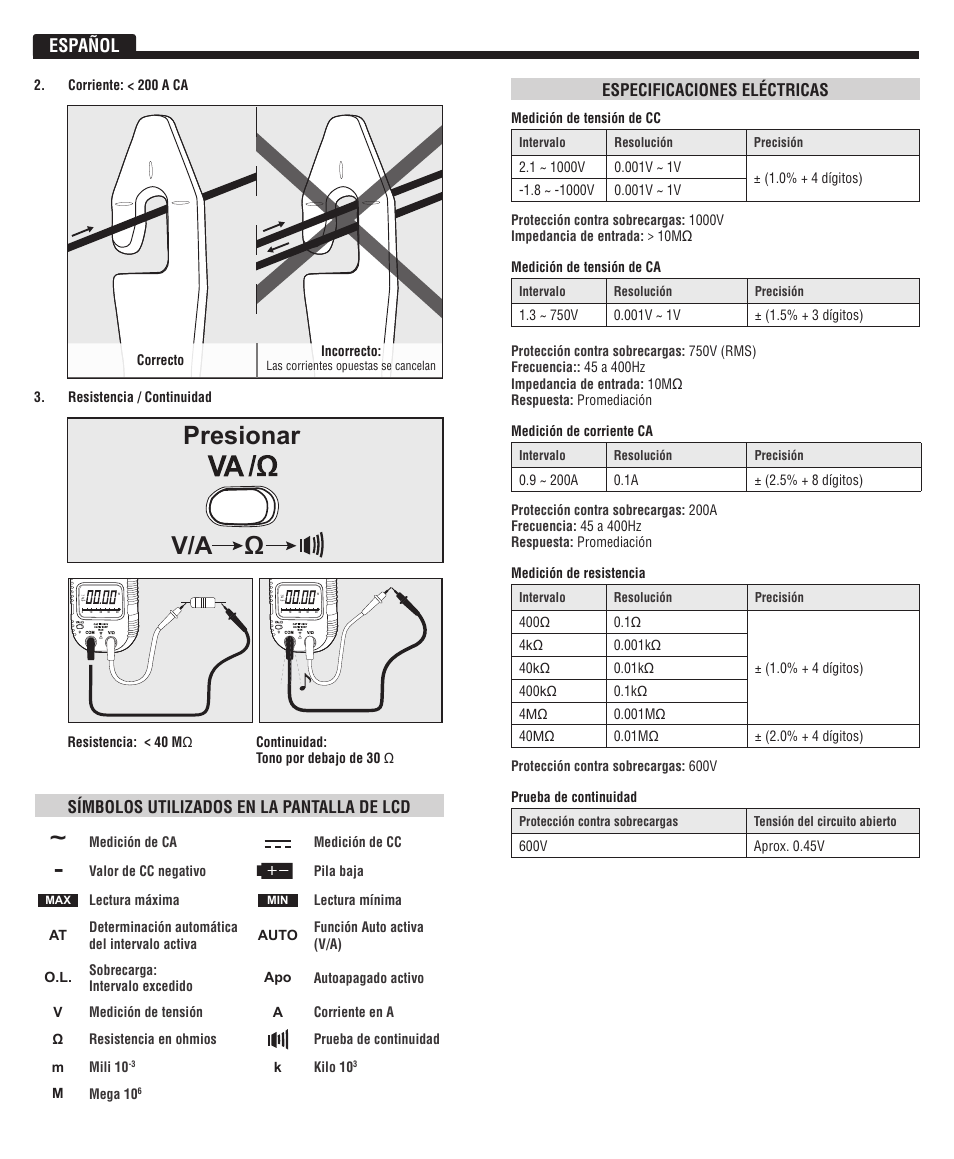 Presionar, Ωv/a, Español | Especificaciones eléctricas, Símbolos utilizados en la pantalla de lcd | Klein Tools CL3100 User Manual | Page 7 / 11