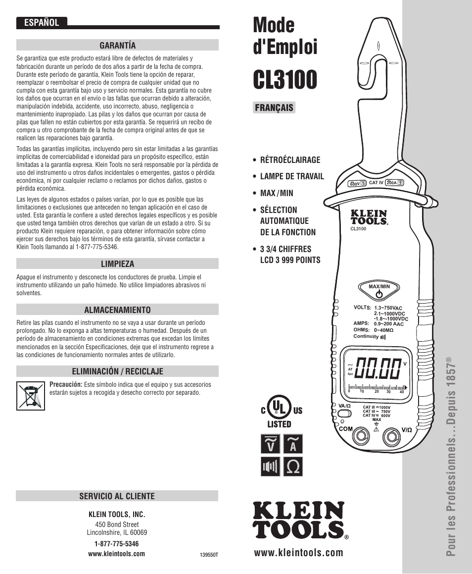 Cl3100, Mode d'emploi, Pour les professionnels...depuis 1857 | Français, Español | Klein Tools CL3100 User Manual | Page 8 / 11