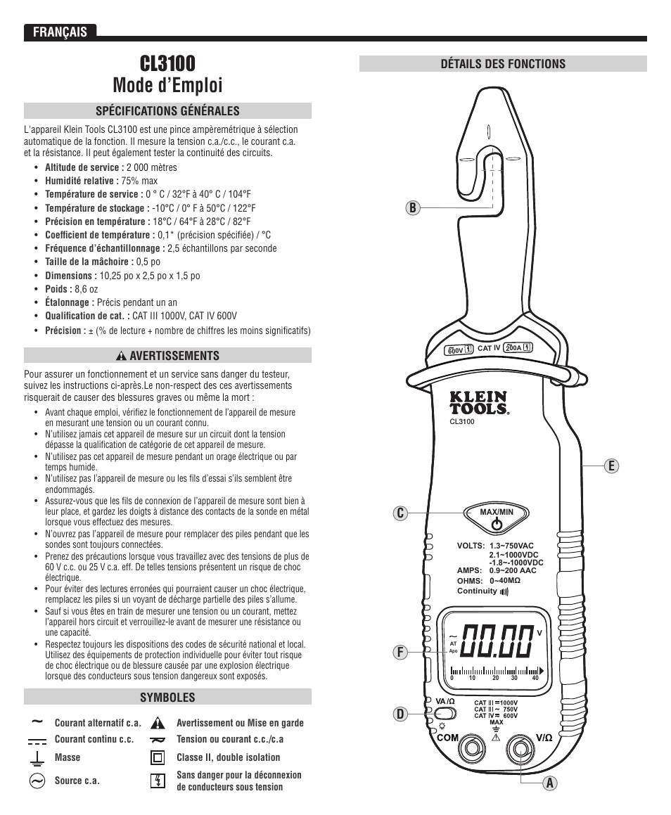 Cl3100 mode d’emploi, Français | Klein Tools CL3100 User Manual | Page 9 / 11