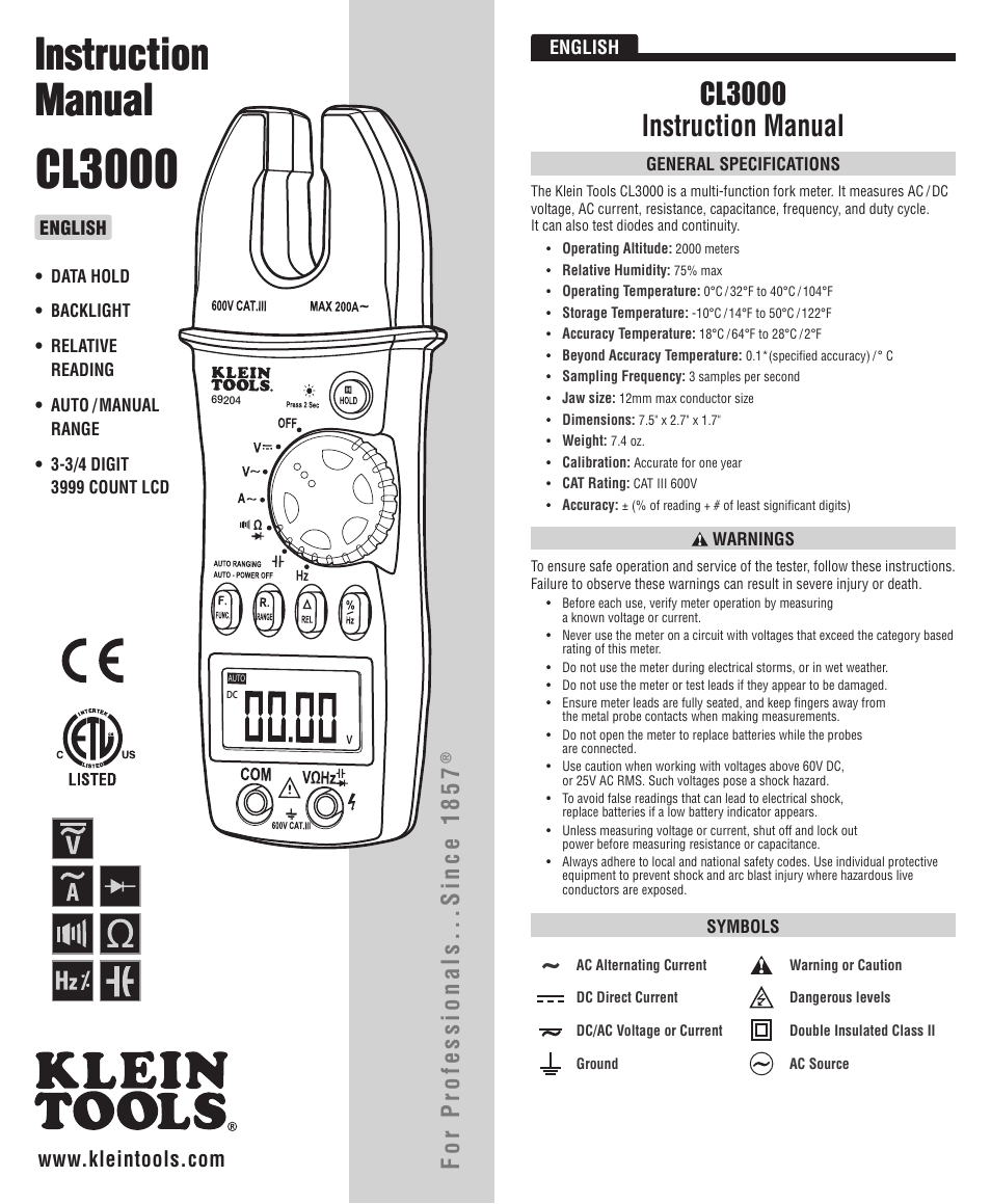 Klein Tools CL3000 User Manual | 12 pages