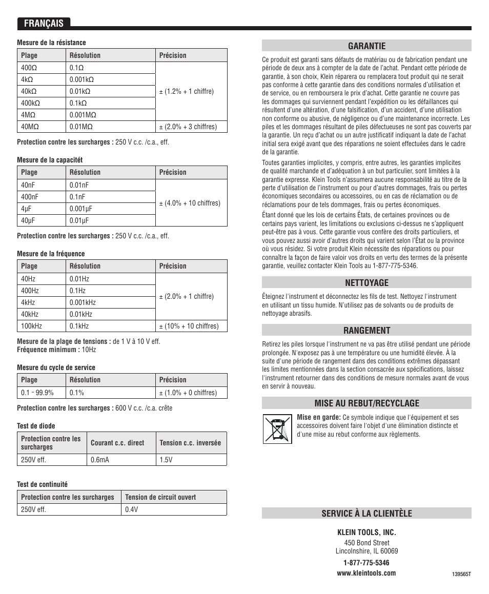Français | Klein Tools CL3000 User Manual | Page 12 / 12