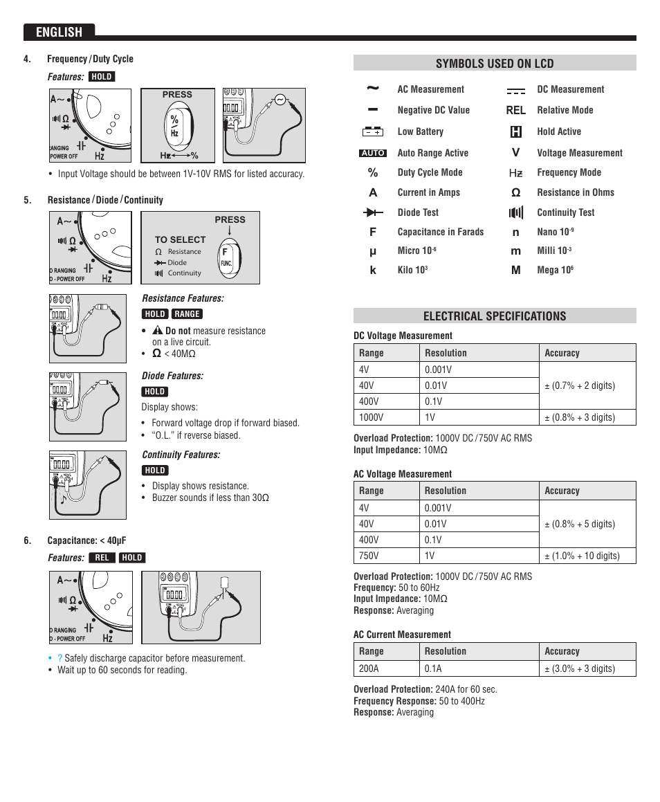 English, Symbols used on lcd, Electrical specifications | Klein Tools CL3000 User Manual | Page 3 / 12