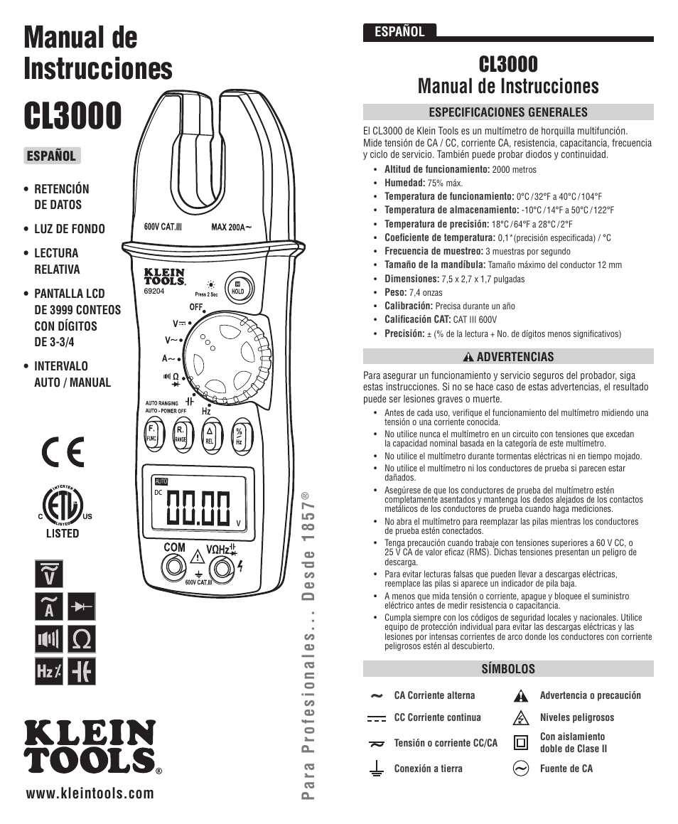 Cl3000, Manual de instrucciones, Cl3000 manual de instrucciones | Para profesionales... desde 1857 | Klein Tools CL3000 User Manual | Page 5 / 12