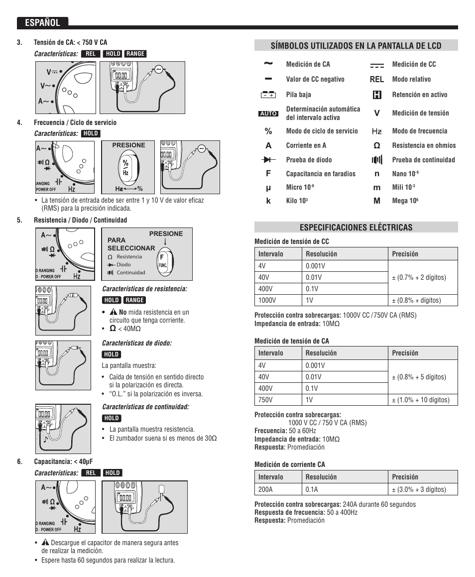 Español, Símbolos utilizados en la pantalla de lcd, Especificaciones eléctricas | Klein Tools CL3000 User Manual | Page 7 / 12