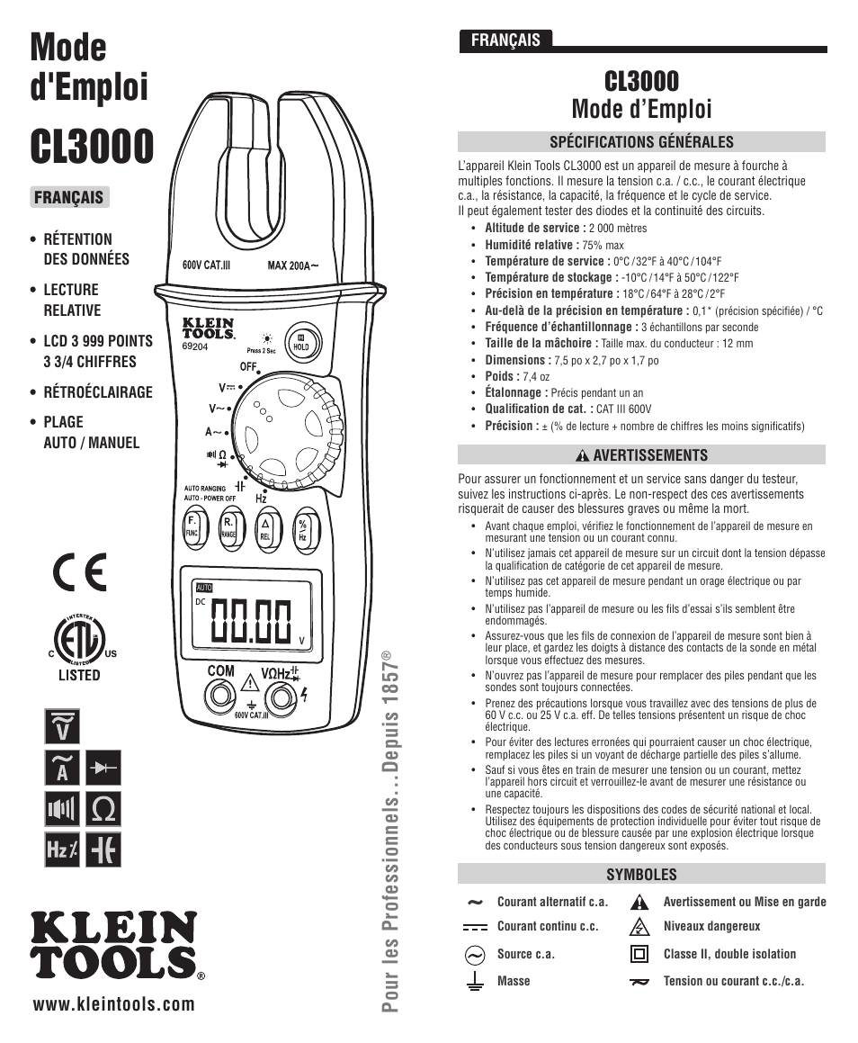 Cl3000, Mode d'emploi, Cl3000 mode d’emploi | Pour les professionnels...depuis 1857 | Klein Tools CL3000 User Manual | Page 9 / 12