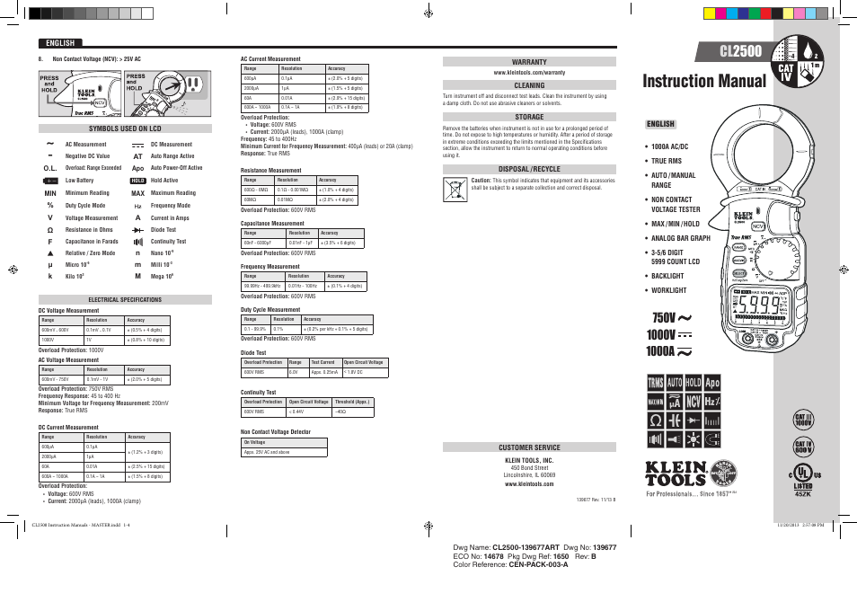 Klein Tools CL2500 User Manual | 2 pages