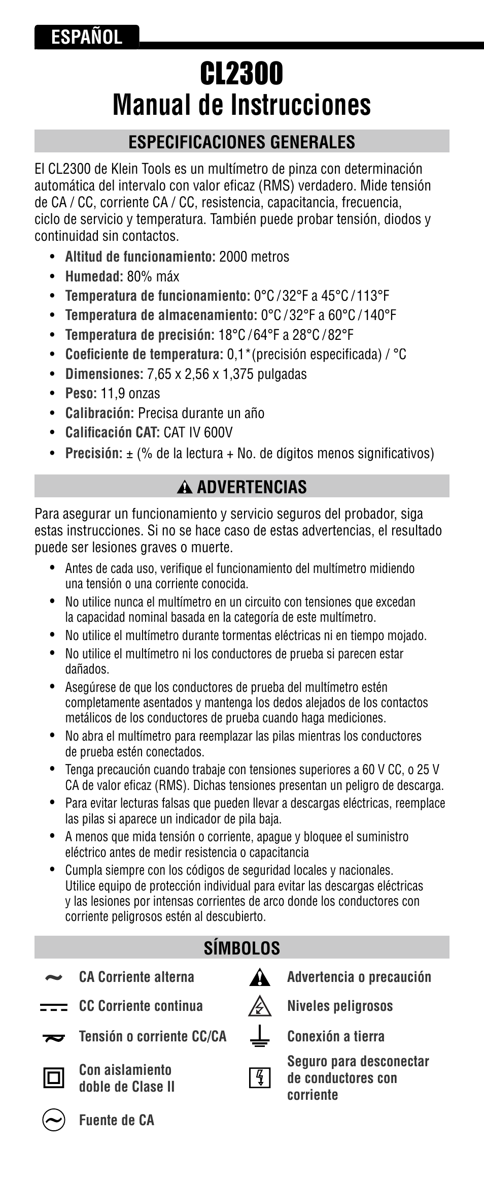 Cl2300 manual de instrucciones, Español, Especificaciones generales | Advertencias, Símbolos | Klein Tools CL2300 User Manual | Page 10 / 24