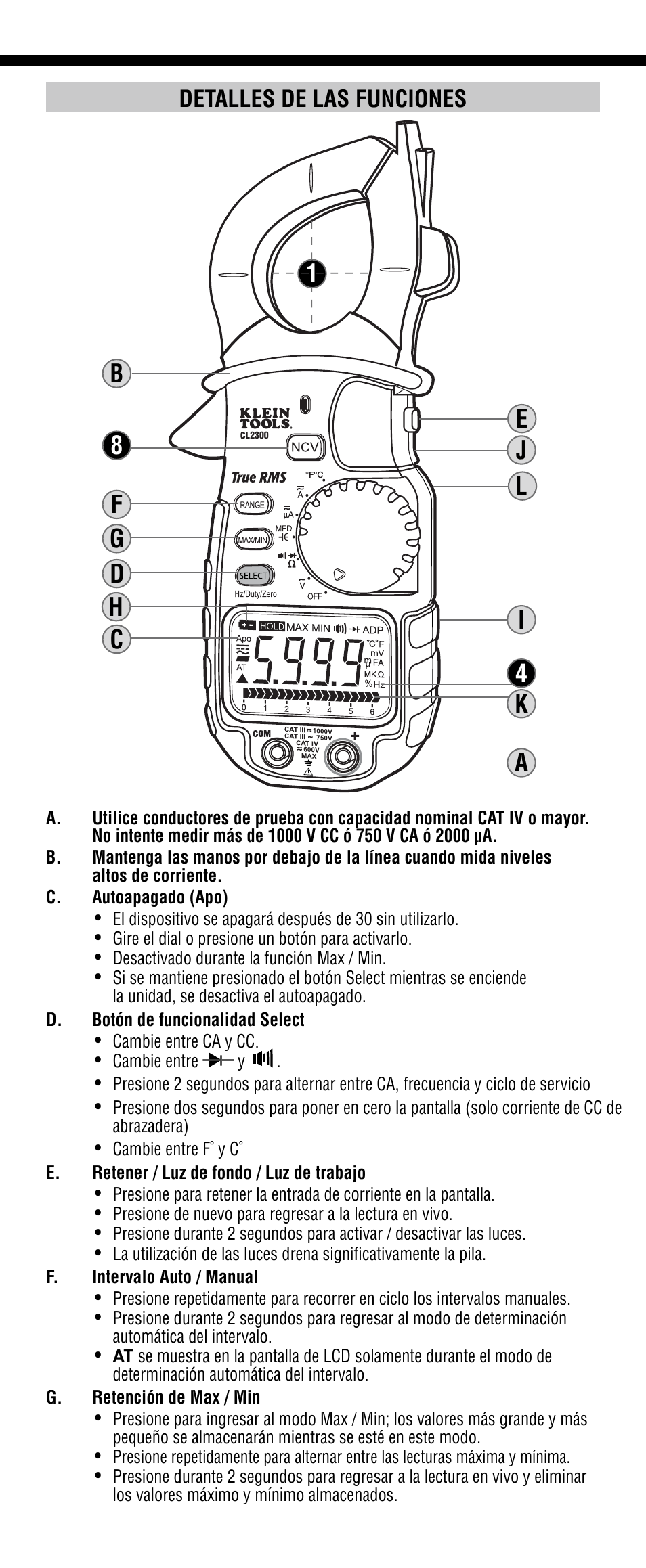 Detalles de las funciones | Klein Tools CL2300 User Manual | Page 11 / 24
