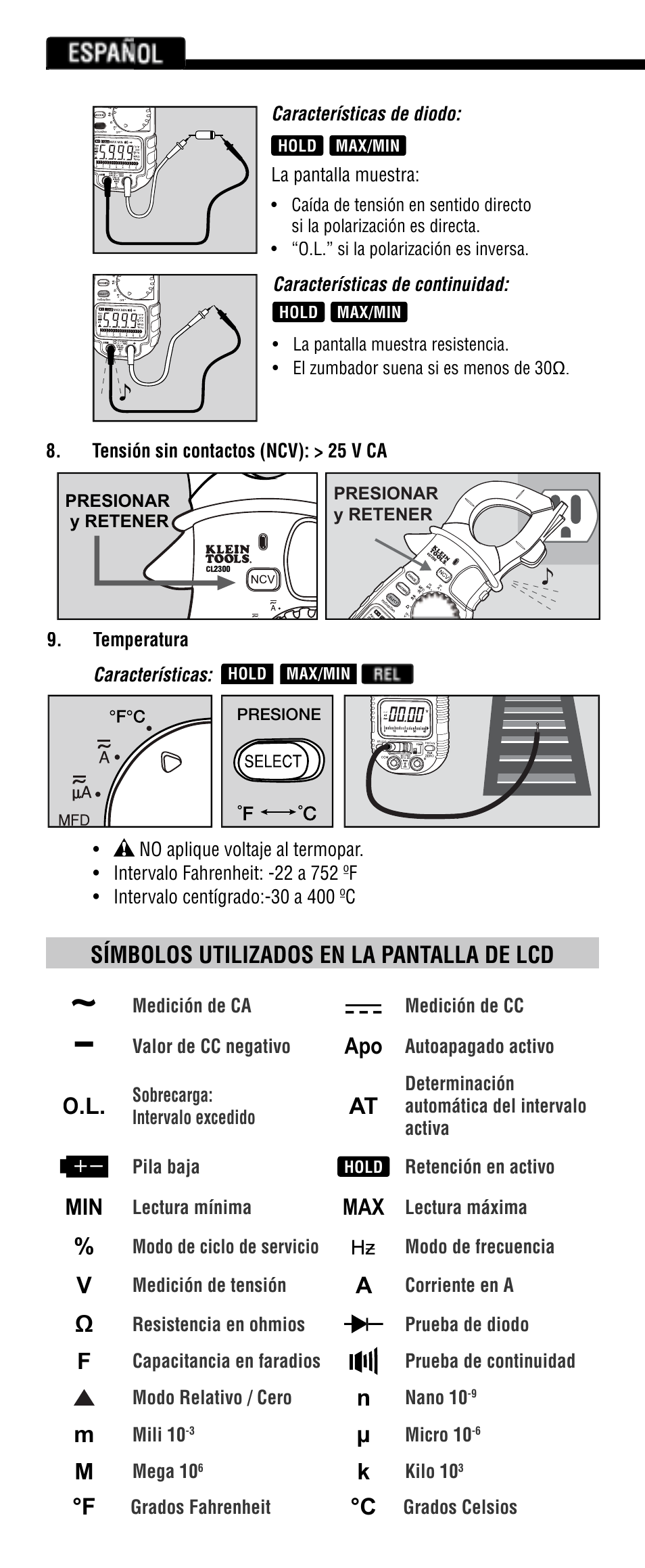 Español, Símbolos utilizados en la pantalla de lcd | Klein Tools CL2300 User Manual | Page 14 / 24