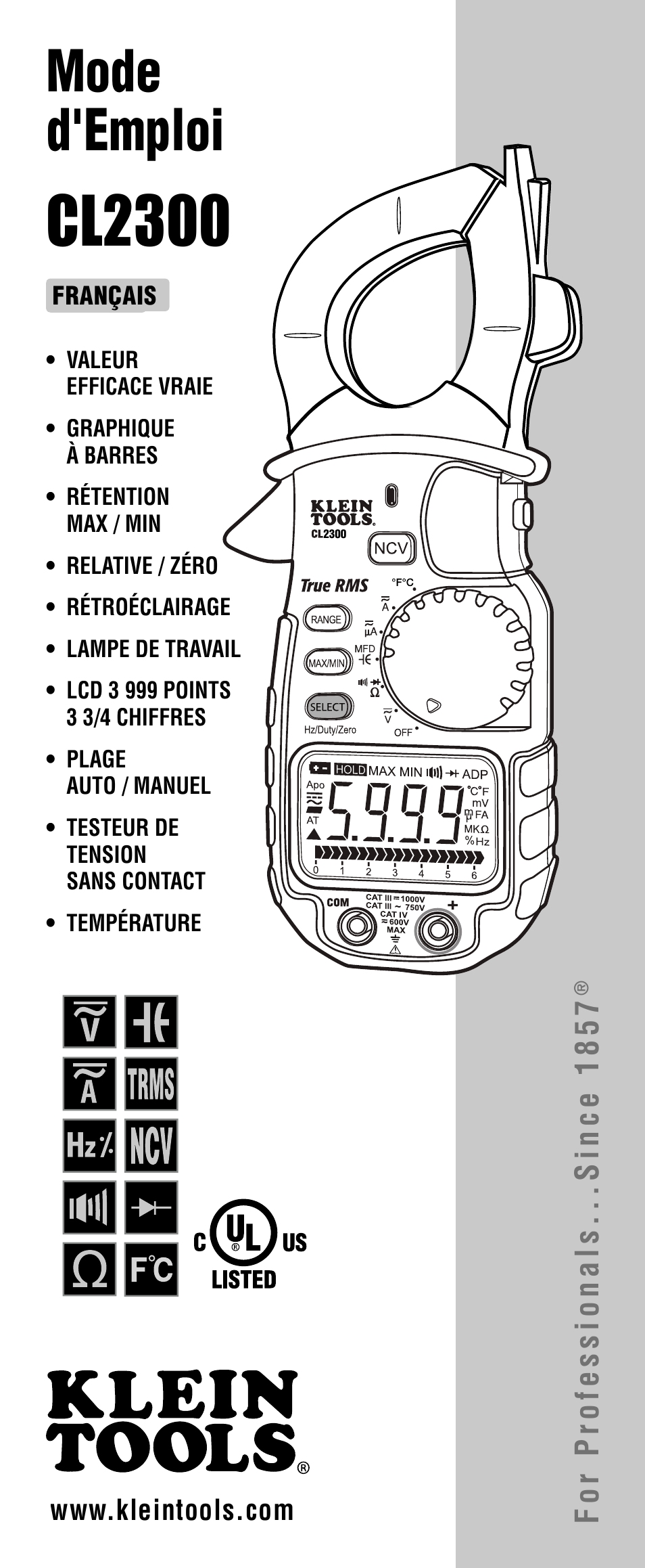 Cl2300, Mode d'emploi, For professionals...since 1857 | Klein Tools CL2300 User Manual | Page 17 / 24