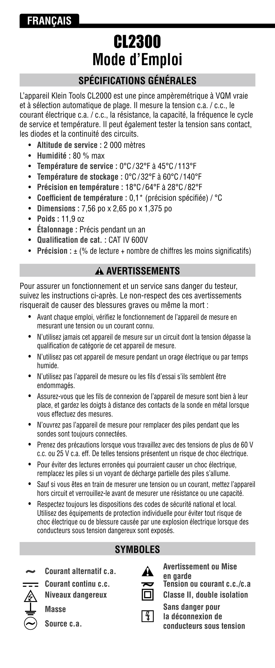 Cl2300 mode d’emploi, Français, Spécifications générales | Avertissements, Symboles | Klein Tools CL2300 User Manual | Page 18 / 24