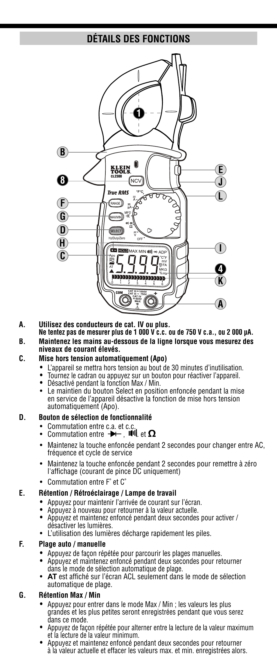 Détails des fonctions | Klein Tools CL2300 User Manual | Page 19 / 24