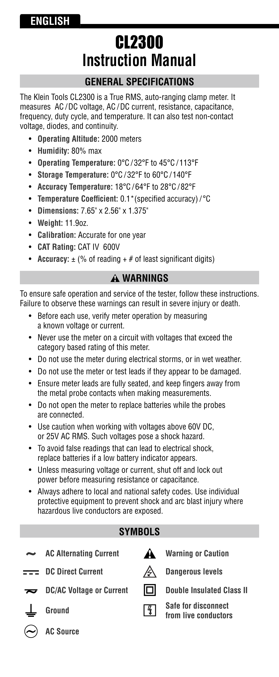 Cl2300 instruction manual, English, General specifications | Warnings, Symbols | Klein Tools CL2300 User Manual | Page 2 / 24