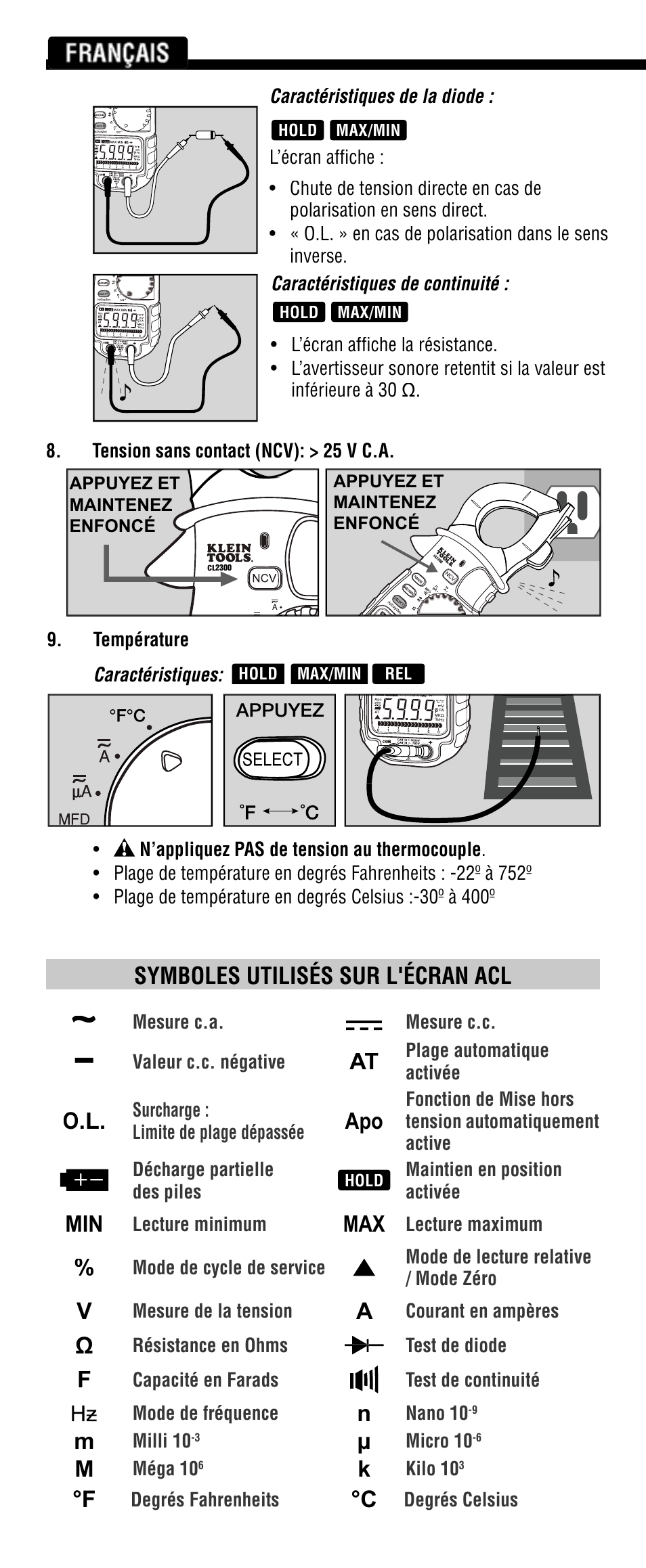 Français, Symboles utilisés sur l'écran acl | Klein Tools CL2300 User Manual | Page 22 / 24