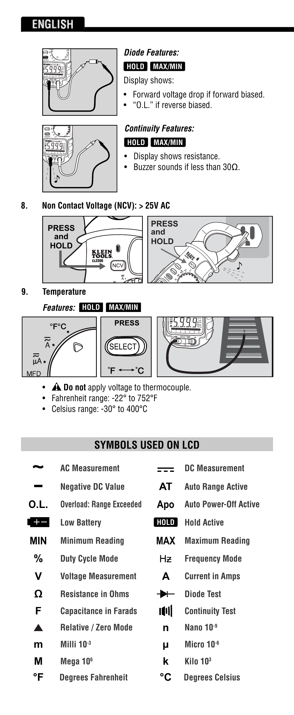 English, Symbols used on lcd | Klein Tools CL2300 User Manual | Page 6 / 24