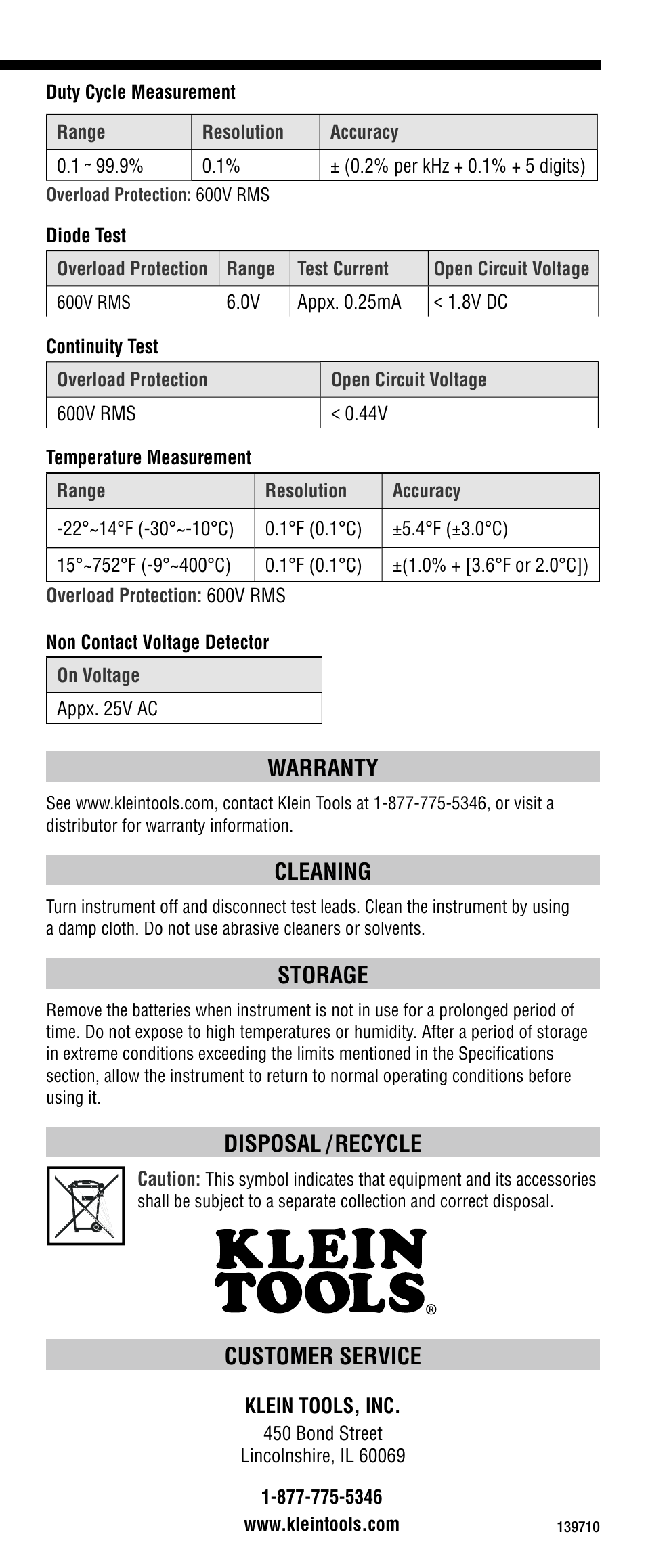Customer service, Warranty, Cleaning | Storage, Disposal / recycle | Klein Tools CL2300 User Manual | Page 8 / 24