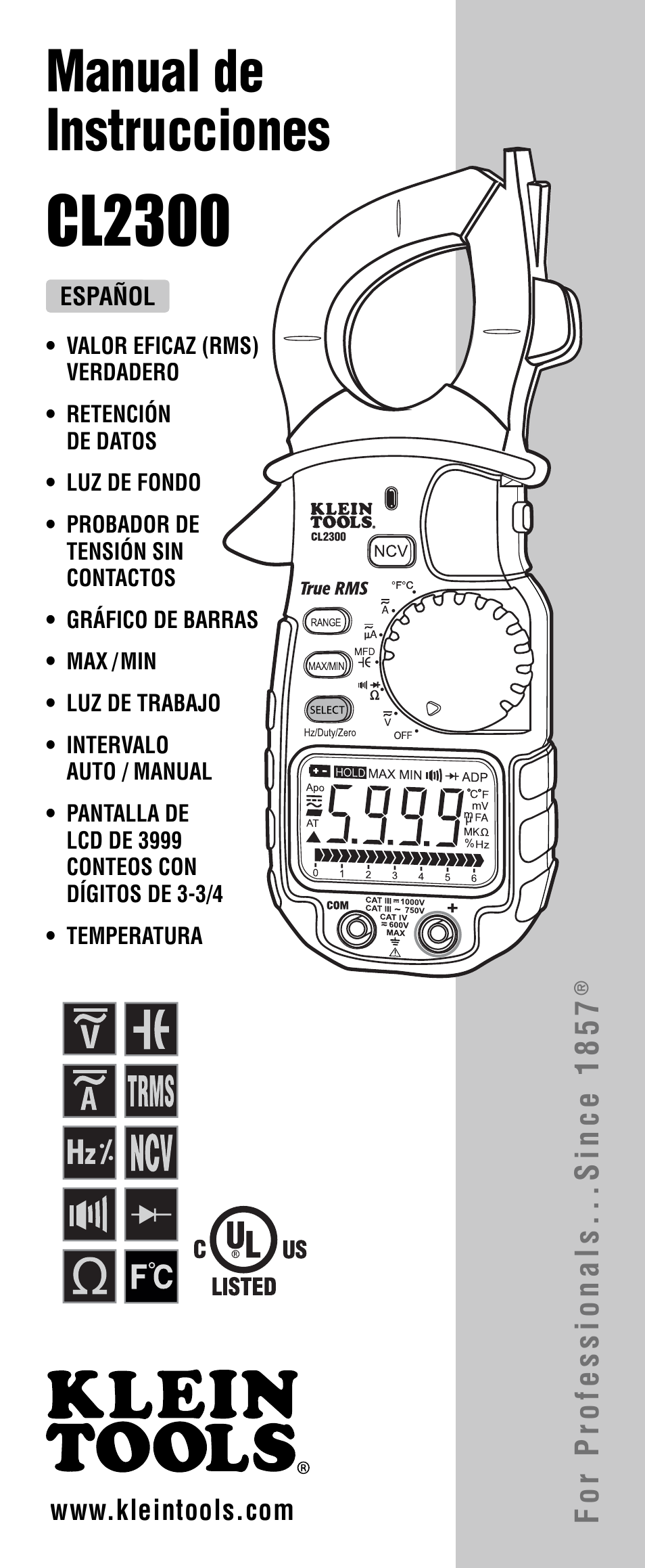 Cl2300, Manual de instrucciones, For professionals...since 1857 | Klein Tools CL2300 User Manual | Page 9 / 24