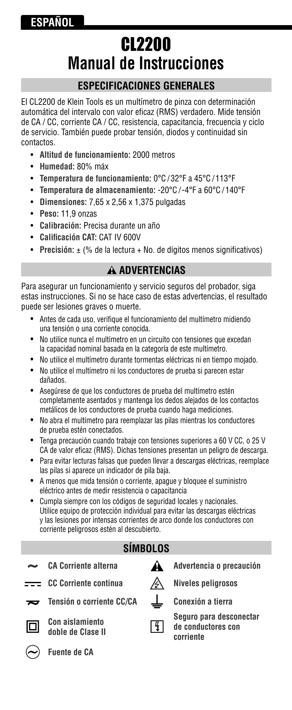 Cl2200 manual de instrucciones, Español, Especificaciones generales | Advertencias, Símbolos | Klein Tools CL2200 User Manual | Page 10 / 24