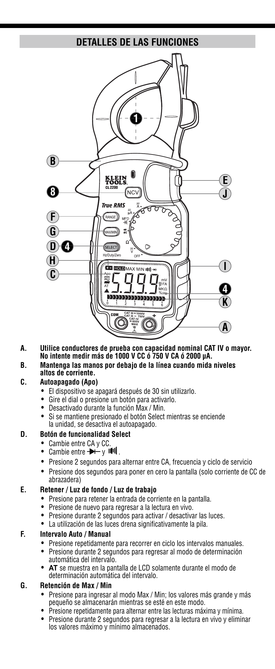 Detalles de las funciones | Klein Tools CL2200 User Manual | Page 11 / 24