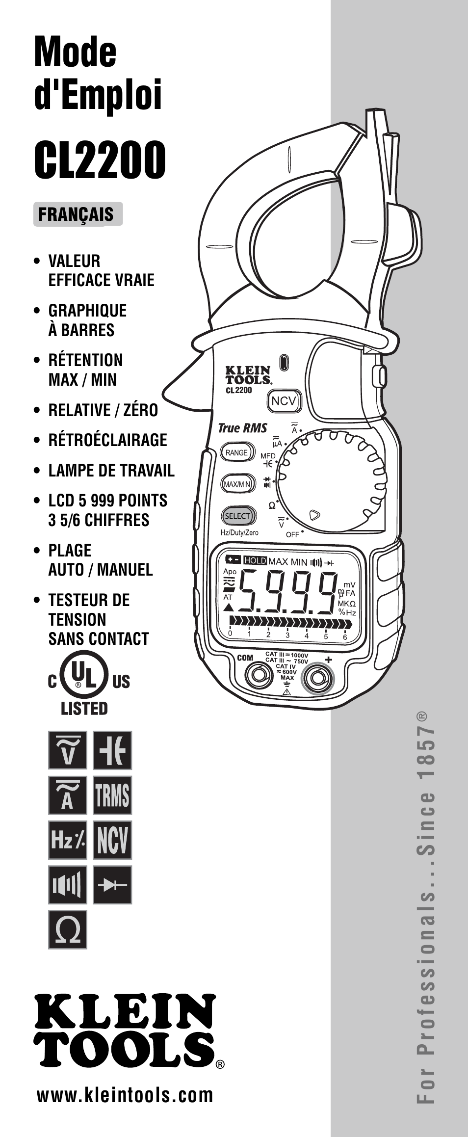 Cl2200, Mode d'emploi, For professionals...since 1857 | Klein Tools CL2200 User Manual | Page 17 / 24