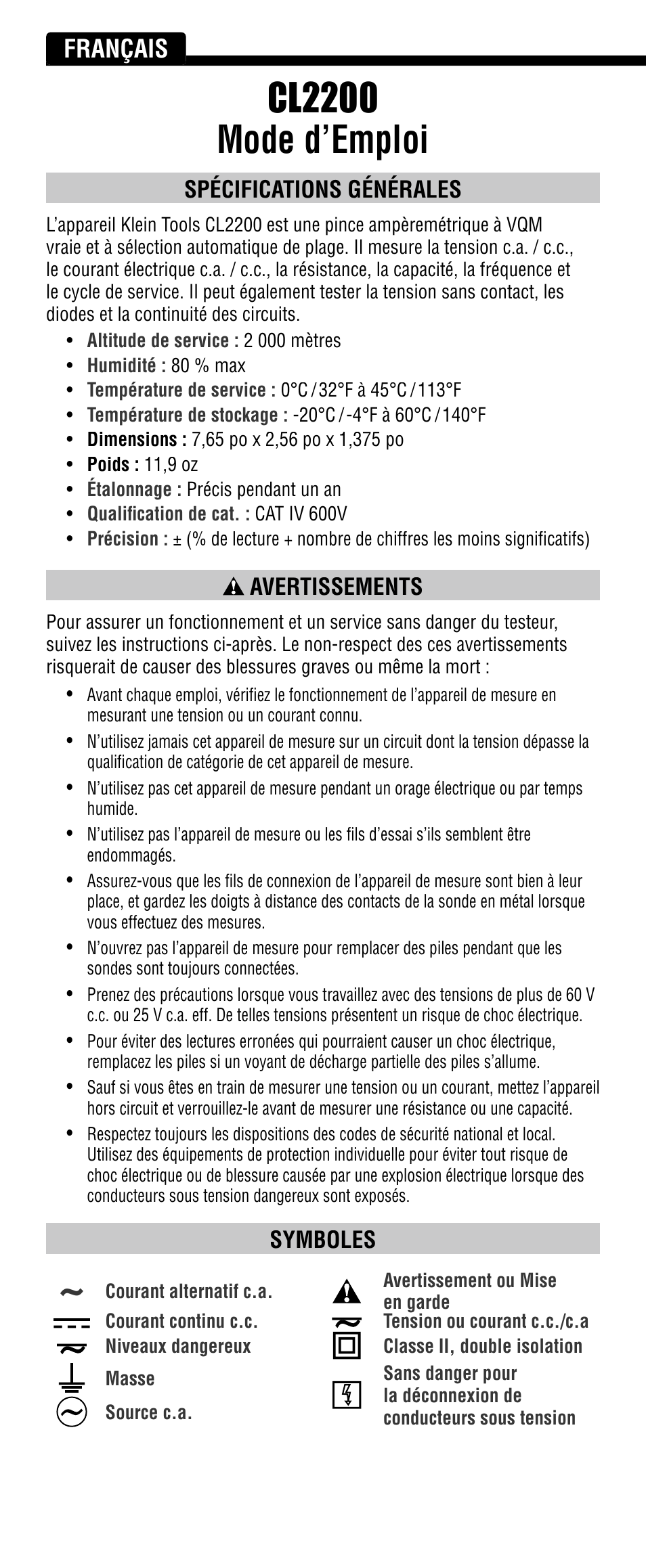 Cl2200 mode d’emploi, Français, Spécifications générales | Avertissements, Symboles | Klein Tools CL2200 User Manual | Page 18 / 24