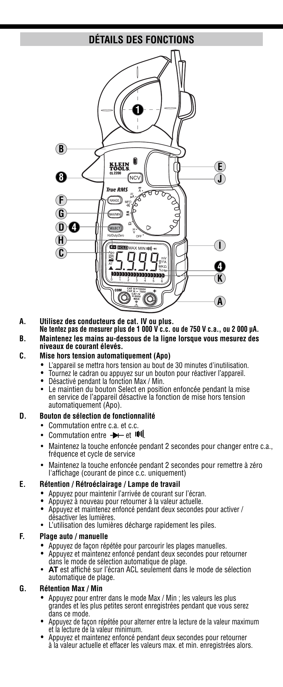 Détails des fonctions | Klein Tools CL2200 User Manual | Page 19 / 24