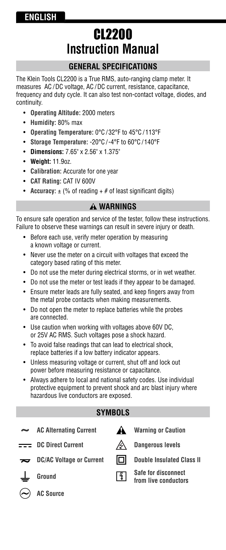 Cl2200 instruction manual, English, General specifications | Warnings, Symbols | Klein Tools CL2200 User Manual | Page 2 / 24