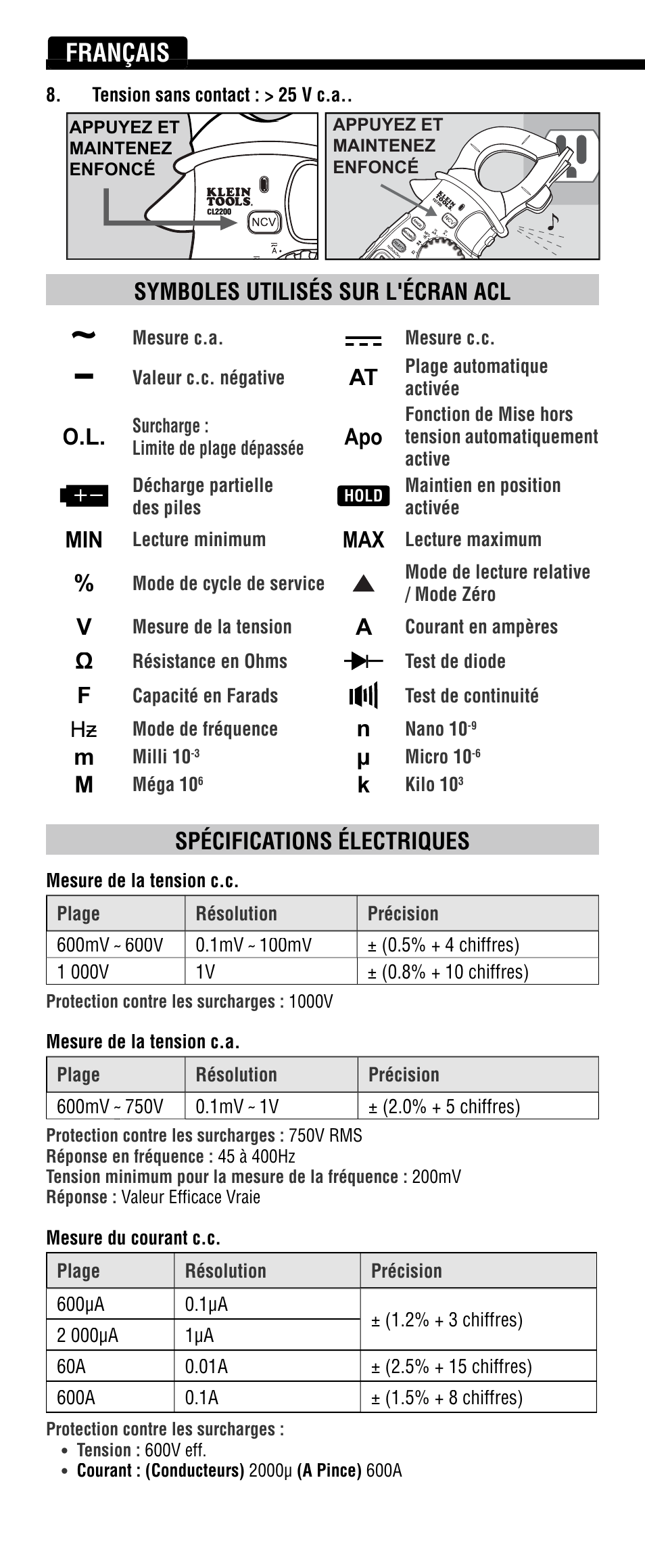 Français, Symboles utilisés sur l'écran acl, Spécifications électriques | Klein Tools CL2200 User Manual | Page 22 / 24