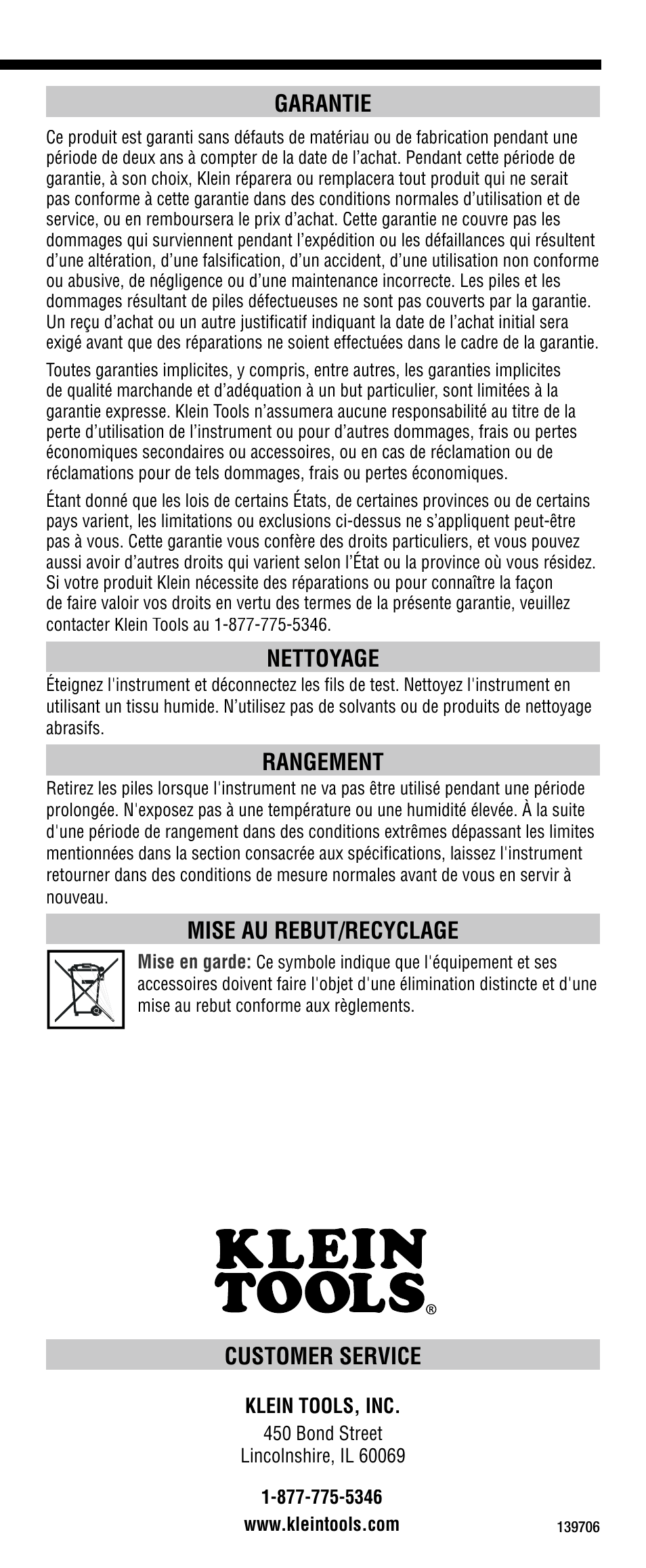 Customer service, Garantie, Nettoyage | Rangement, Mise au rebut/recyclage | Klein Tools CL2200 User Manual | Page 24 / 24