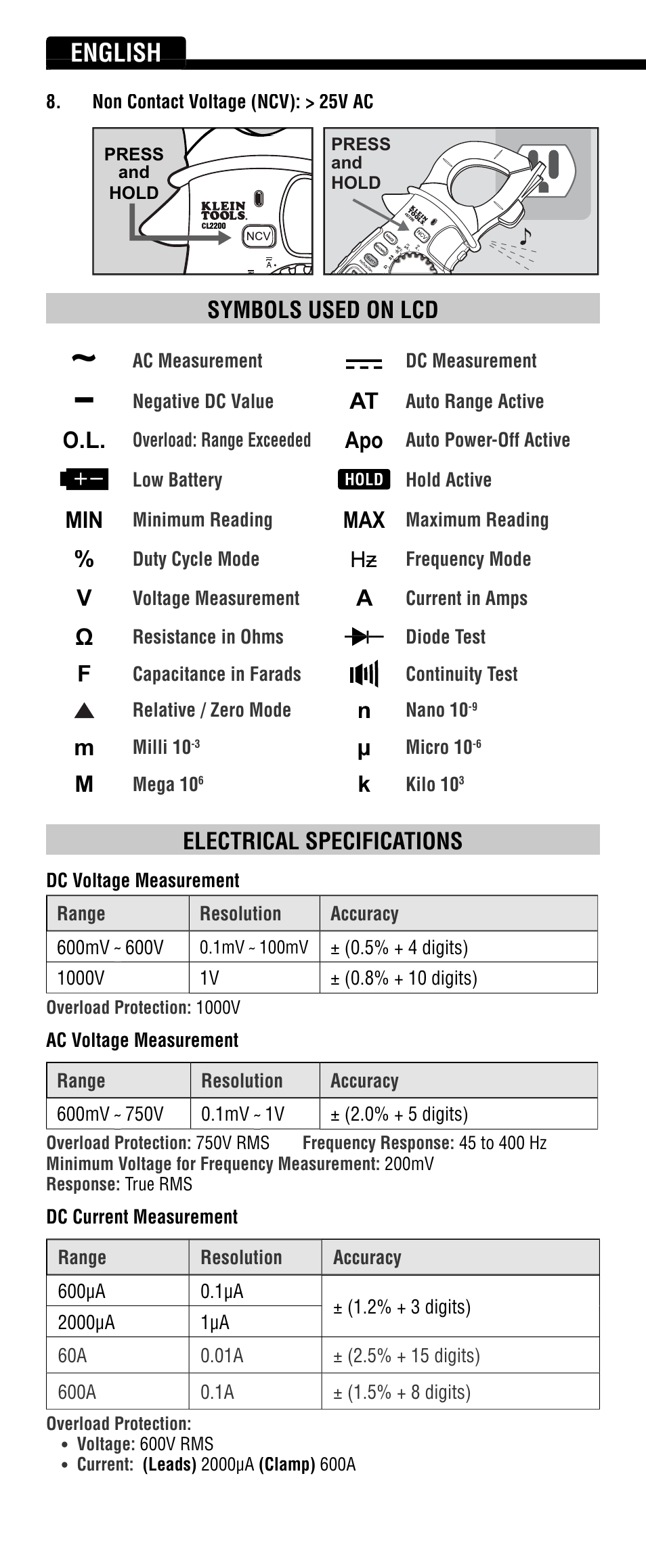 English, Symbols used on lcd, Electrical specifications | Klein Tools CL2200 User Manual | Page 6 / 24