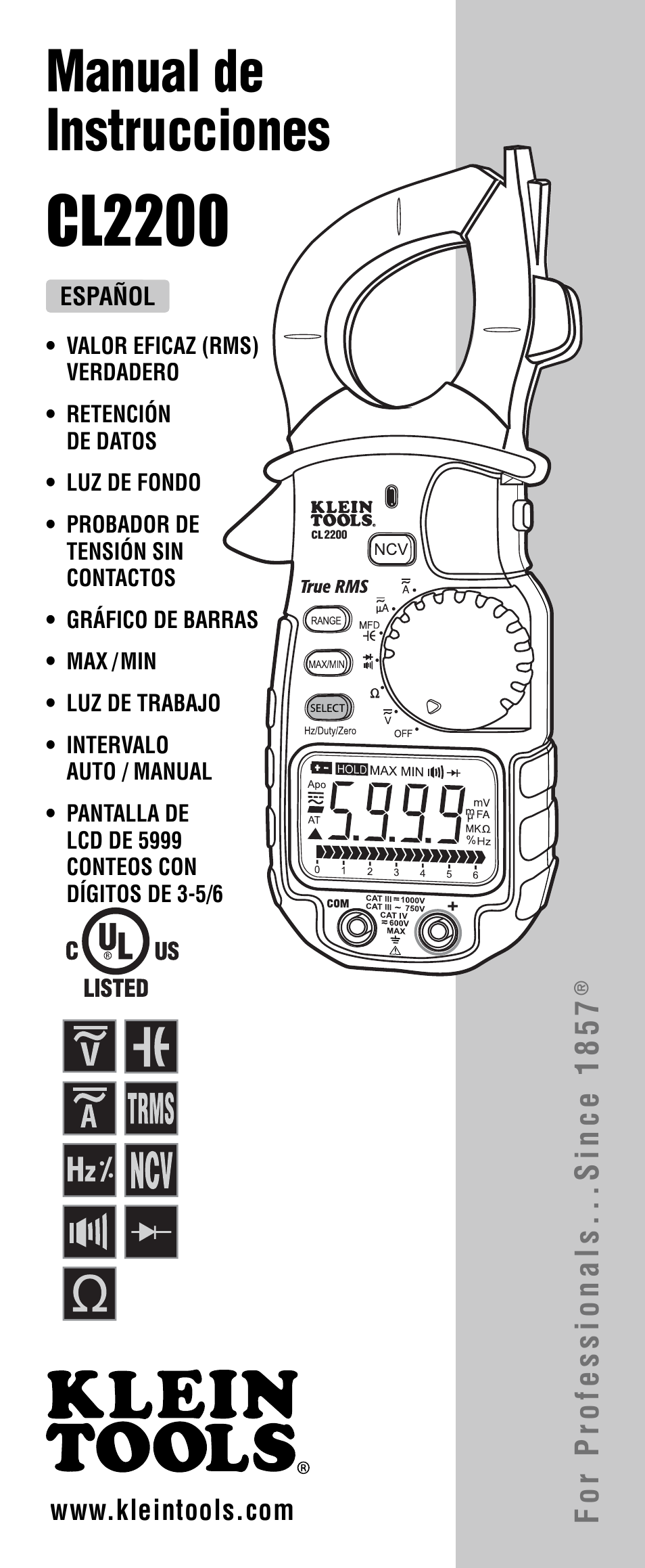 Cl2200, Manual de instrucciones, For professionals...since 1857 | Klein Tools CL2200 User Manual | Page 9 / 24
