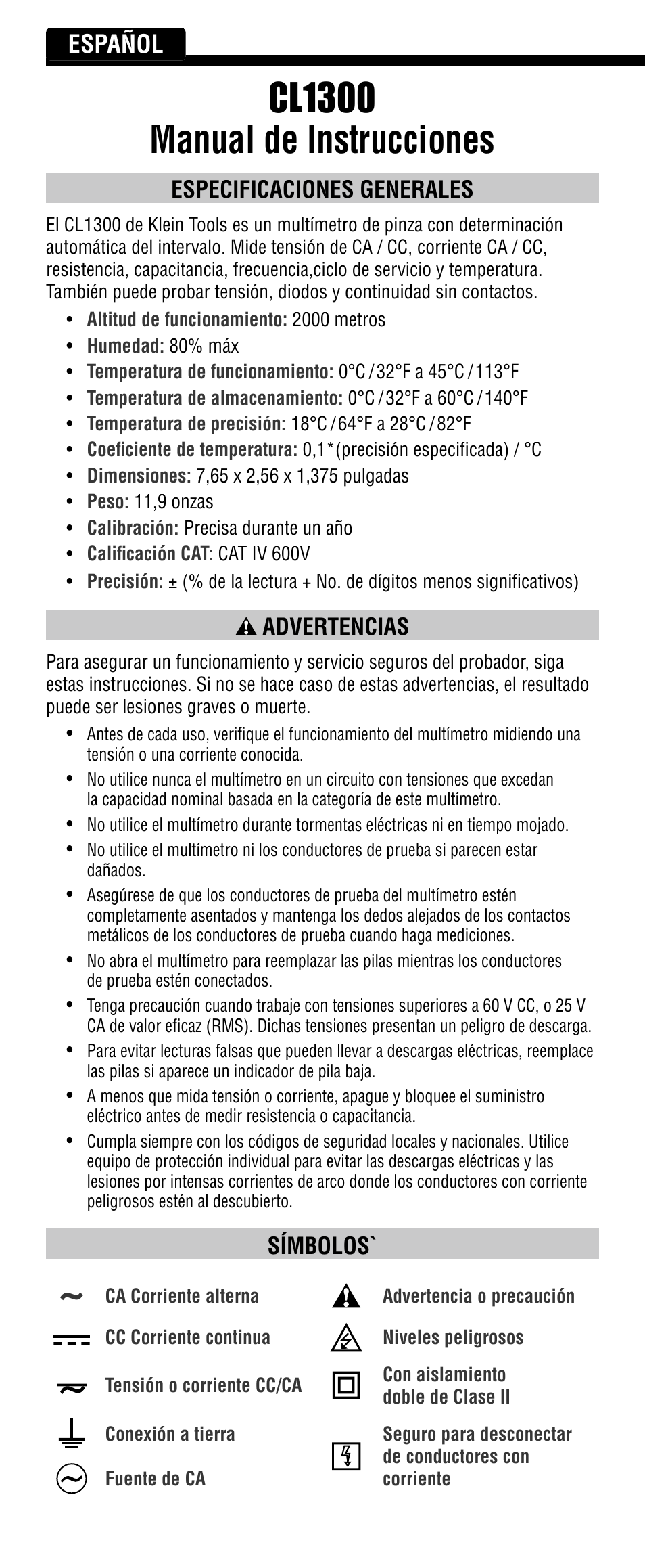 Cl1300 manual de instrucciones, Español, Especificaciones generales | Advertencias, Símbolos | Klein Tools CL1300 User Manual | Page 10 / 24